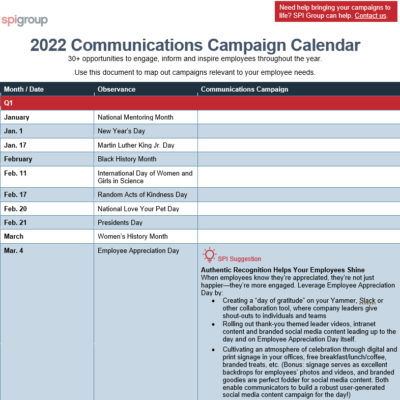 2022 Communications Campaign Calendar